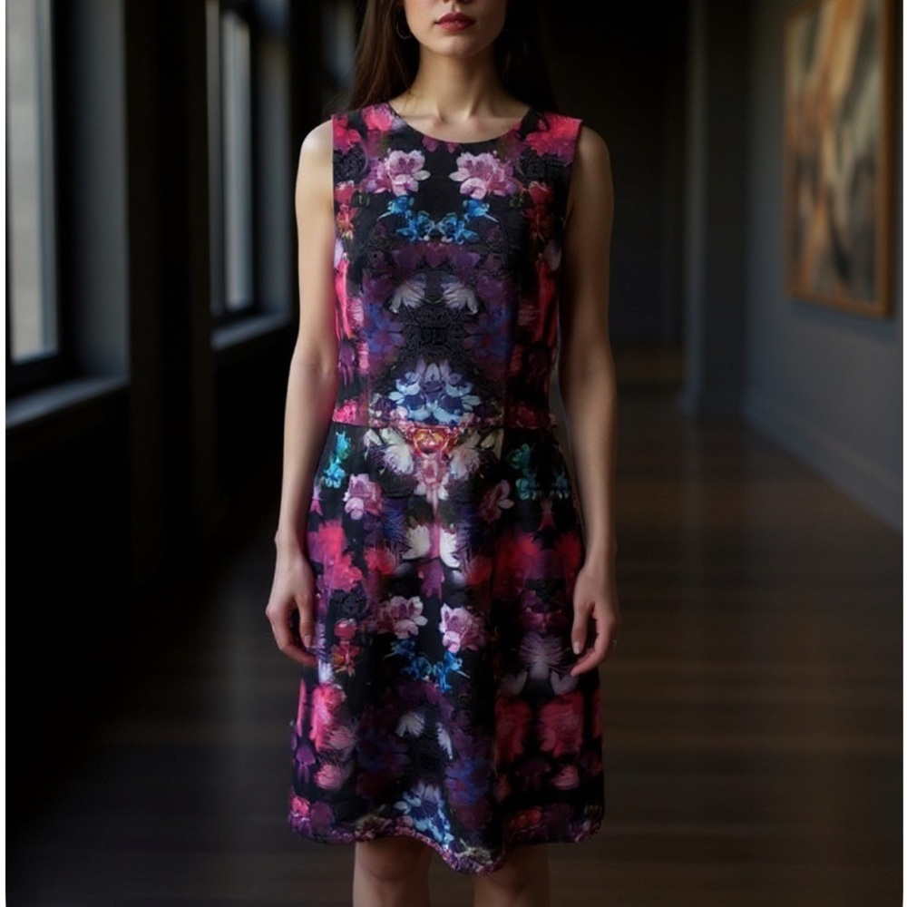 Betsy Johnson Floral Print Scuba Dress Neon Punk Purple - Picture 1 of 12